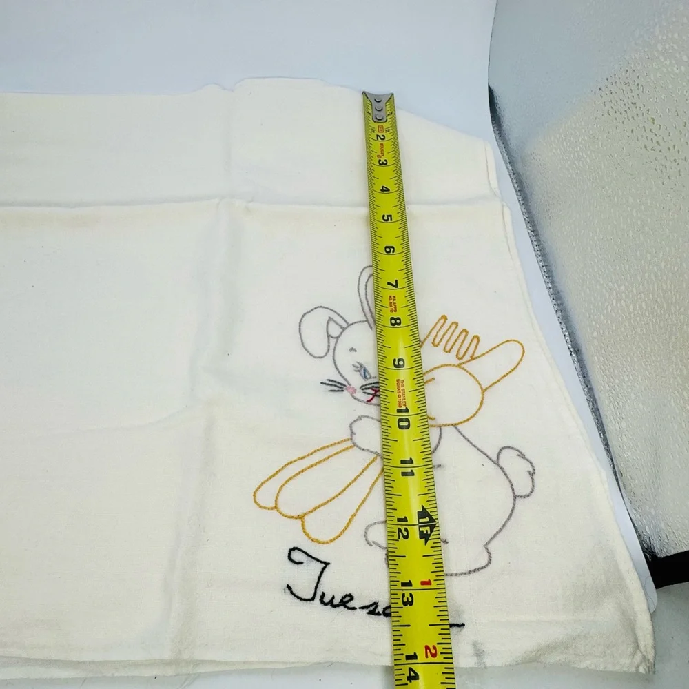 VTG Hand Embroidered Tea Towel Bunny Rabbit Tuesday